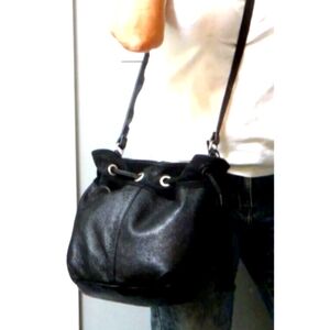 AMERICAN EAGLE Black Leather Suede Drawstring Bucket Crossbody Handbag